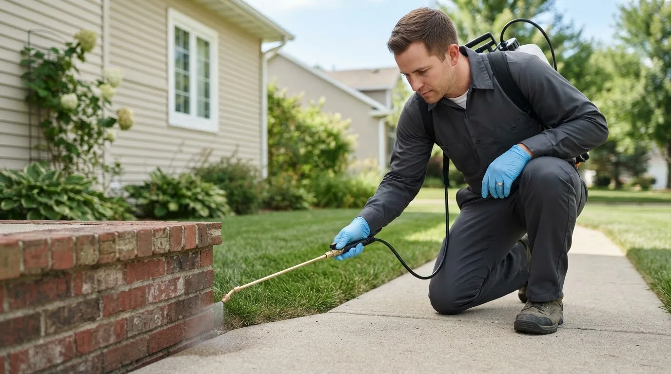 Pest control technician treating a home near Holyoke, MA